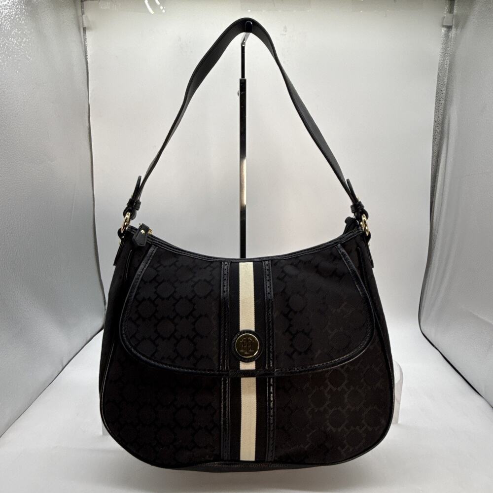 Tommy Hilfiger Black Shoulder Bag Gold Hardware Logo Stud Stripe Accent Snap Zip